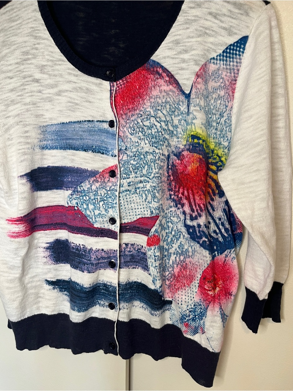 Floral Print Button-Front Women's Cardigan - White with Pink & Blue